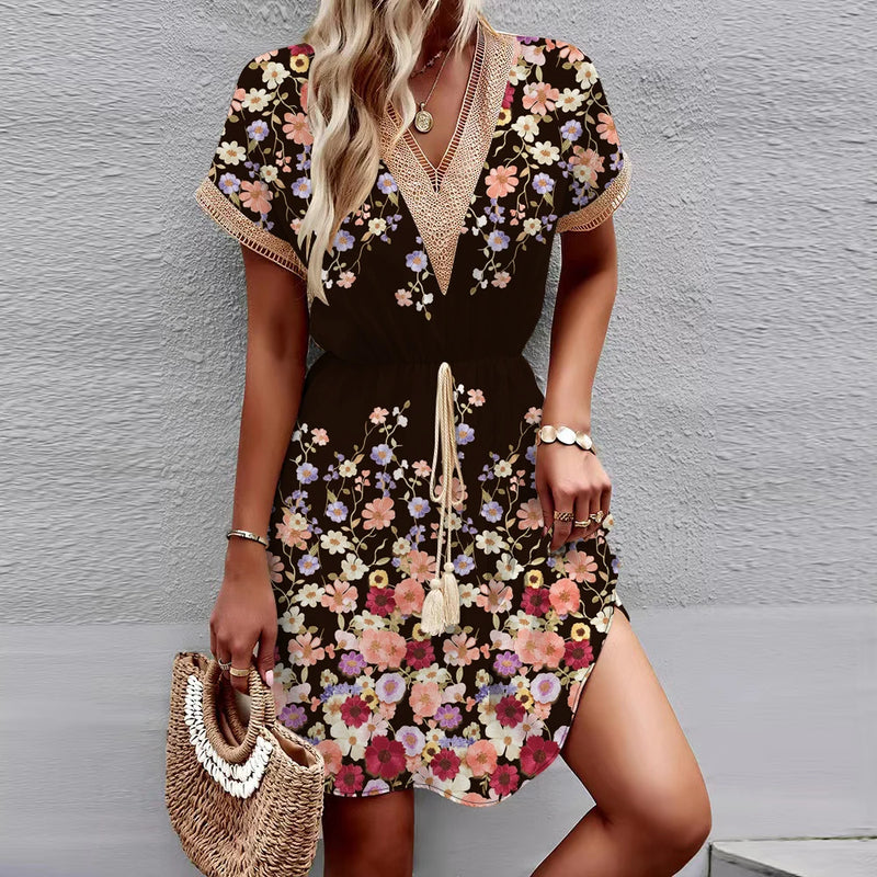 New European and American Spring/Summer Printed Bat Sleeves Lace