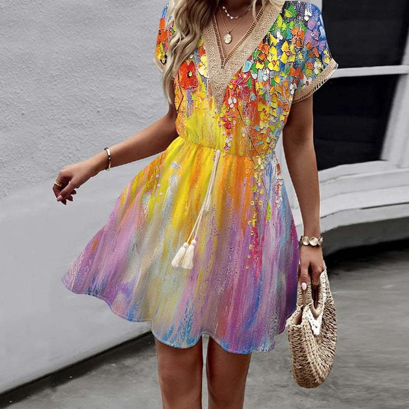 New European and American Spring/Summer Printed Bat Sleeves Lace