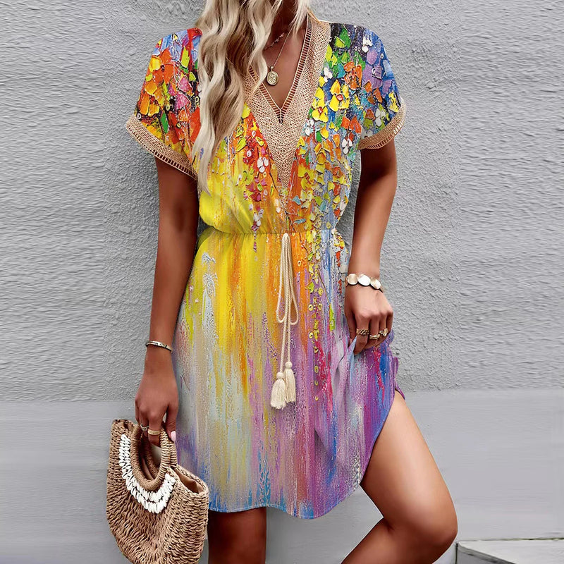 New European and American Spring/Summer Printed Bat Sleeves Lace