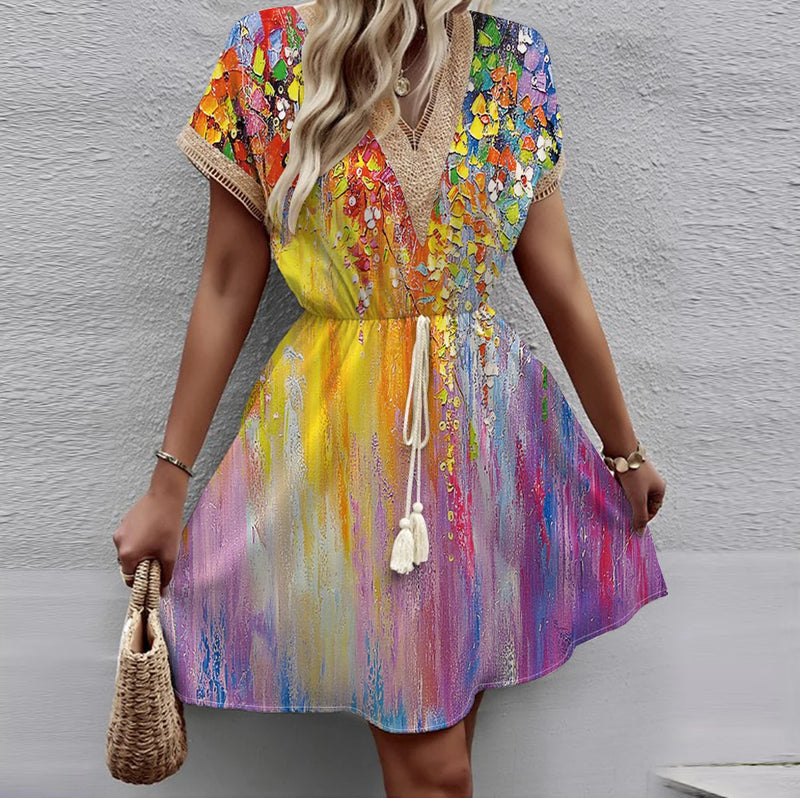 New European and American Spring/Summer Printed Bat Sleeves Lace