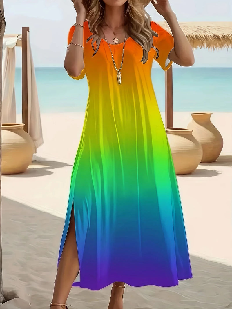 Elegant Summer Plus Size V-Neck Butterfly Print Dress - Split Hem Short Sleeve Women's Fashion