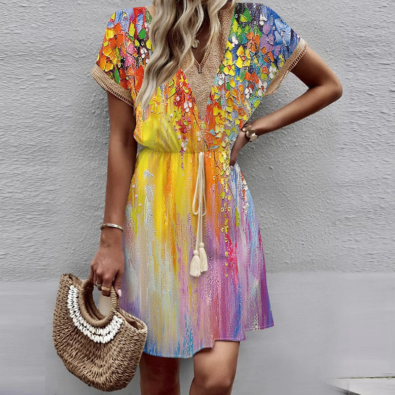 New European and American Spring/Summer Printed Bat Sleeves Lace