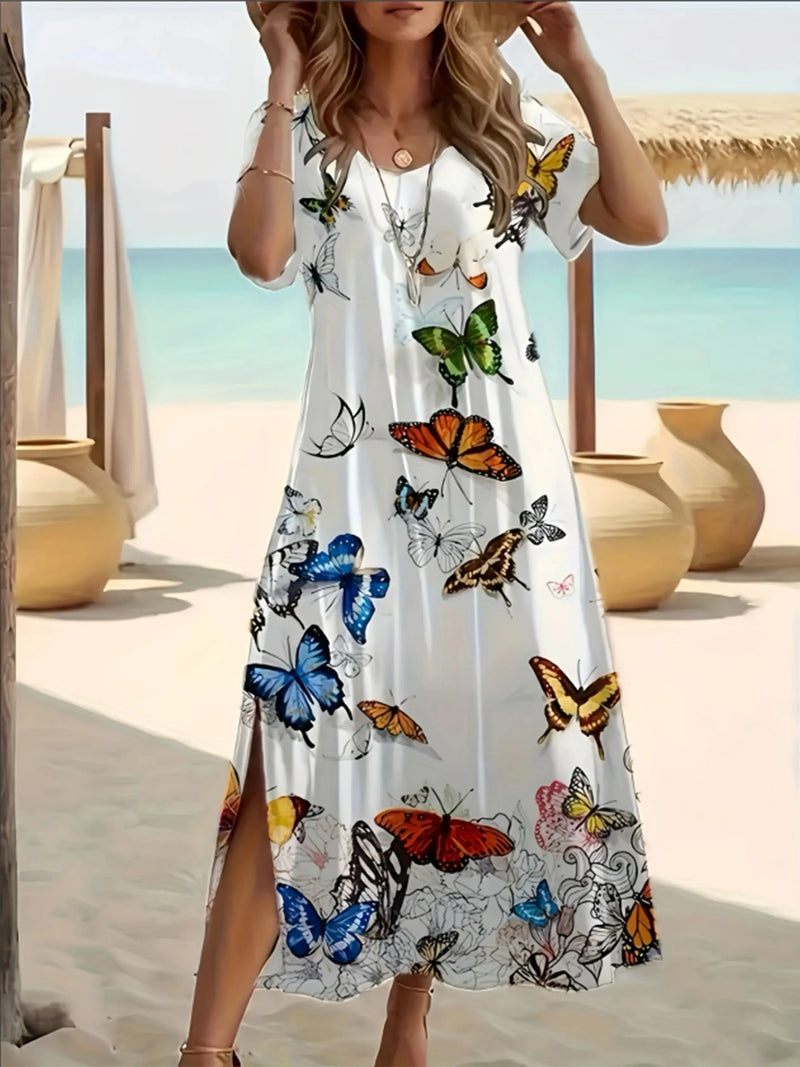 Elegant Summer Plus Size V-Neck Butterfly Print Dress - Split Hem Short Sleeve Women's Fashion