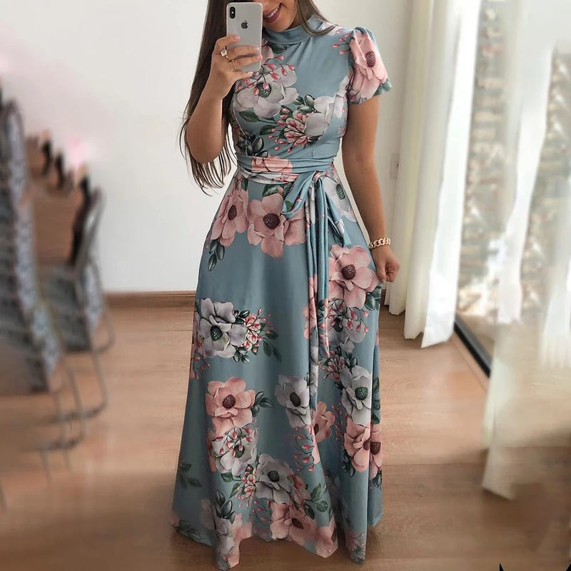 Women's Floral Print Summer Dress - 2025 New Boho A-Line Swing Dress with Short Sleeves, High Waist Flowy Maxi Dress for Beach &